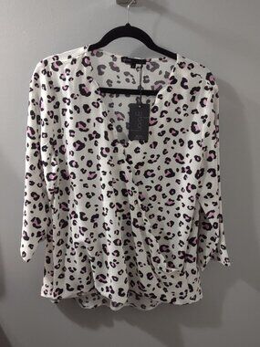 Gibson L White Leopard Print Scalloped Wrap Blouse NWT